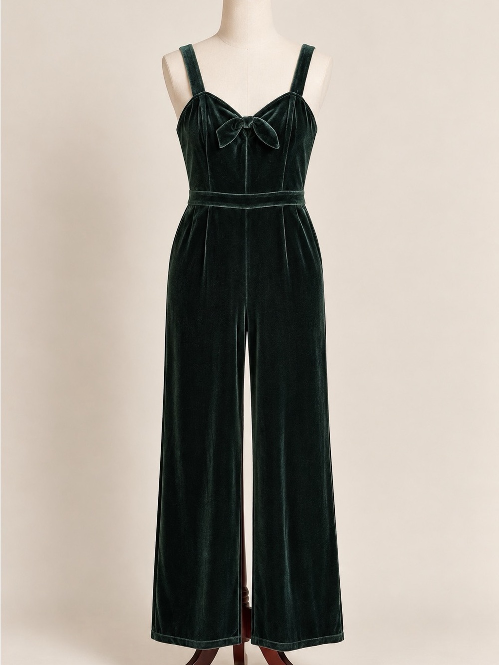 Abercrombie & Fitch Emerald Velvet Wide-Leg Jumpsuit with Bow